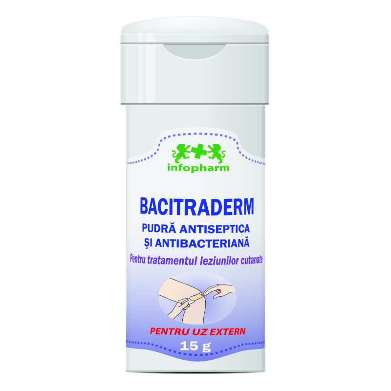 Bacitraderm - Pudră antiseptică și antibacteriană pe bază de bacitracină (15 g)