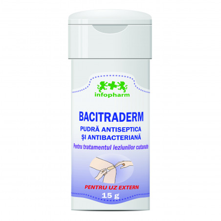 Bacitraderm - Pudră antiseptică și antibacteriană pe bază de bacitracină (15 g)